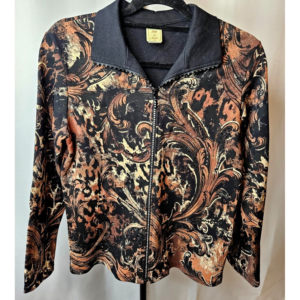 Jess &‎ Jane Studded Jacket Womens Black Brown Cotton Jeweled Paisley Zip Size S